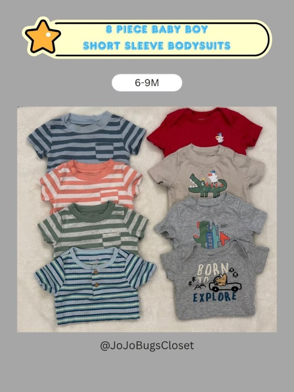8-Piece Baby Boy Short Sleeve Bodysuit Bundle | Size 6-9M